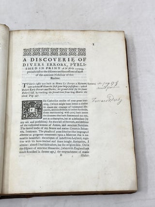 A DISCOVERIE OF CERTAINE ERROURS PUBLISHED IN PRINT IN THE MUCH COMMENDED BRITANNIA 1594 VERY PREJUDICIAL TO THE DISCENTES AND SUCCESSIONS OF THE AUNCIENT NOBILITIE OF THIS REALME. LONDON, 1724. BOUND WITH..A SECOND DISCOUVERIE OF ERROURS Bound With A SECOND DISCOVERIE OF ERROURS PUBLISHED IN THE MUCH-COMMENDED BRITANNIA, 1594. VERY PREJUDICIALL TO THE DISCENTES AND SUCCESSIONS OF THE AUNCIENTE NOBILITIE OF THIS REALME. WITH A REPLY TO MR. CAMDEN'S APOLOGY AD LECTOREM, IN HIS FIFT EDITION, 1600.; To which are Added, The Learned Mr. Camden's Answer to this Book; and Mr. Brooke's Reply