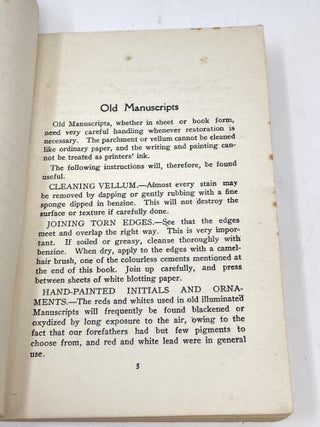 THE LIBRARY HANDBOOK OF GENUINE TRADE SECRETS AND INSTRUCTIONS FOR CLEANING, REPAIRING AND RESTORING OLD MANUSCRIPTS, ENGRAVINGS AND BOOKS, AS PRACTISED BY THE EXPERTS. (SIGNED BY PUBLISHER)