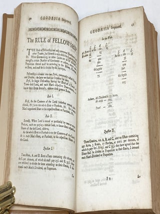 GEODAESIA IMPROVED; OR, A NEW AND CORRECT METHOD OF SURVEYING MADE EXCEEDINGLY EASY.; In Two Parts. Part I, Teacheth to measure, divide, and delineate, any Quantity of Land both accessible and inaccessible, whether Meadows, Pasture, Fields, Woods, Water, , Commons, Forests, Manors, &c. by the CHAIN ONLY, whose Dimensions are cast up by the PEN, and consequently freed from the ERRORS of ESTIMATION that unavoidably attend the Scale and Protractor. With necessary Directions to MAP elegantly. Part II, Introduces Instruments, Trigonometry, preparative Remarks on the Earth's Superfices; and teacheth the invaluable Methodof casting up the Dimensions of Instruments by the PEN several Ways, all agreeing, &c. &c. : With a MOST USEFUL APPENDIX Concerning the practical Methods of measuring Timber, Hay, Marl Pits, Bricklayers and Plaisterers Work. The whole being illustrated with proper Definitions, Problems, Rules, Examples, Explanations, and emblematical Types, rendered uncommonly easy.