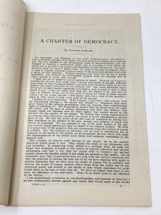 A CHARTER OF DEMOCRACY: ADDRESS OF HON. THEODORE ROOSEVELT, EX-PRESIDENT OF THE UNITED STATES BEFORE THE OHIO CONSTITUTIONAL CONVENTION FEBRUARY 21, 1912. plus laid-in Sample Ballot from 1912 entitled: "OFFICIAL PRESIDENTIAL PRIMARY ELECTION BALLOT, REPUBLICAN PARTY"; 62d Congress, 2d Session. SENATE Document No. 348