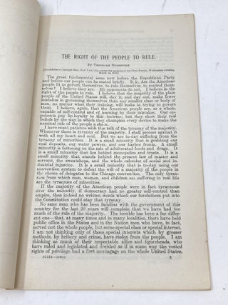 THE RIGHT OF THE PEOPLE TO RULE: ADDRESS BY HON. THEODORE ROOSEVELT DELIVERED IN CARNEGIE HALL, NEW YORK CITY, ON WEDNESDAY MARCH 20, 1912, UNDER THE AUSPICES OF THE CIVIC FORUM.; 62d Congress, 2d Session. SENATE Document No.473
