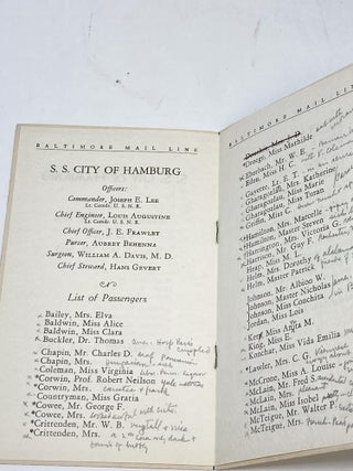 BALTIMORE MAIL LINE: S.S. CITY OF HAMBURG PASSENGER LIST; (with penciled-in commentary on fellow passengers)