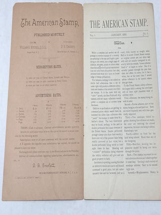 PREMIER ISSUES OF FIVE, 19TH CENTURY PHILATELY PERIODICALS: EACH VOLUME I, NUMBER. 1: THE AMERICAN STAMP (JANUARY, 1889) THE ILLINOIS PHILATELIST (APRIL, 1893) THE PHILATELIST (APRIL, 1893) THE PHILATELIC CALIFORNIAN (OCTOBER, 1893) THE TRANSCONTINENTAL PHILATELIST (DECEMBER, 1893) ;