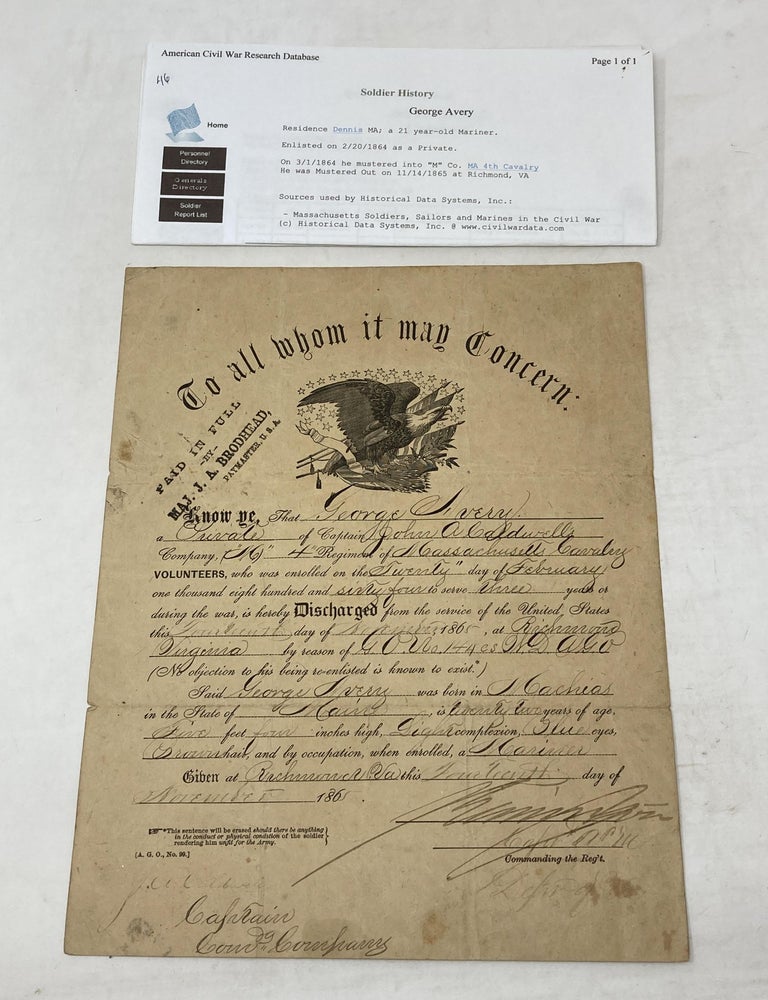 Item #88560 CIVIL WAR DISCHARGE PAPERS: PRIVATE GEORGE AVERY; "M" COMPANY MASSACHUSETTS 4th CAVALRY;. Civil War.