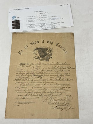 Item #88561 CIVIL WAR DISCHARGE PAPERS: PRIVATE DARWIN A. BUCK OF BRIDGEPORT, VERMONT; NEW YORK...