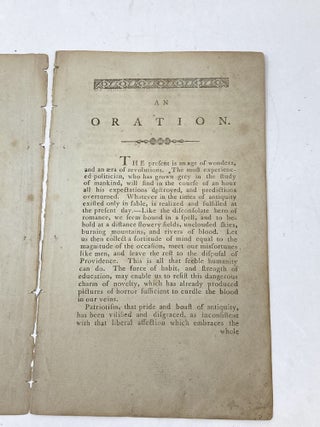 AN ORATION ON THE NECESSITY OF POLITICAL UNION AT THE PRESENT DAY: DELIVERED AT THE BAPTIST MEETING-HOUSE, IN PROVIDENCE, AT THE COMMENCEMENT OF RHODE-ISLAND COLLEGE, A.D. 1797