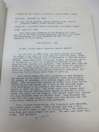 UNION COUNTY, OREGON: RECORDS OF THE HISTORICAL SOCIETY; (Custom Local Anthology with Photographs Tipped In)