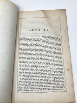 THE NEW ENGLAND FARMER; A MONTHLY JOURNAL DEVOTED TO AGRICULTURE, HORTICULTURE, AND THEIR KINDRED ARTS AND SCIENCES; EMBELLISHED AND ILLUSTRATED WITH NUMEROUS BEAUTIFUL ENGRAVINGS : VOLUME VII Laid in - Pamphlet authored by J.C. Bartlett: ADDRESS, DELIVERED BEFORE THE WORCESTER SOUTH AGRICULTURAL SOCIETY, AT STURBRIDGE, SEPT. 29TH, 1858. ALSO, THE NAMES OF THE OFFICERS OF THE SOCIETY FOR 1859, AND A LIST OF MEMBERS
